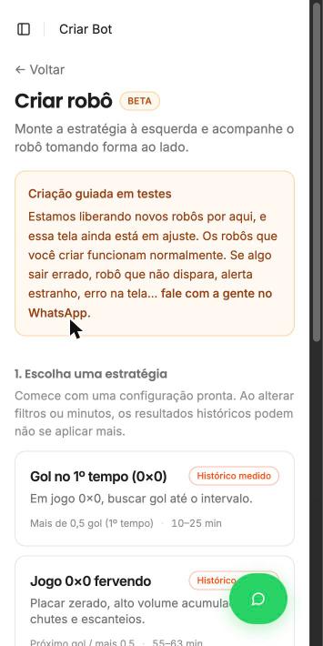 Tela de escolha de estratégia na Criação Guiada da Futbots, com o selo Histórico medido