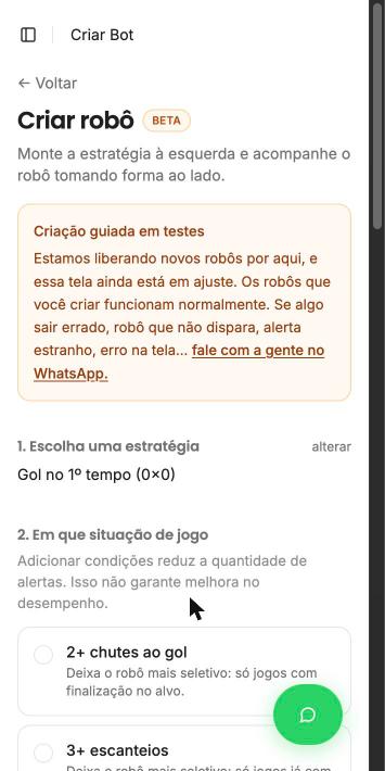 Etapa de condições da Criação Guiada: perguntas sobre a situação de jogo, como chutes ao gol e escanteios