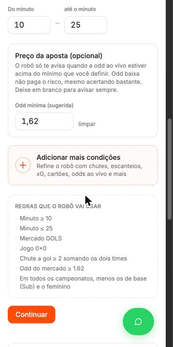 Resumo das regras que o robô vai usar antes de salvar, na Criação Guiada da Futbots